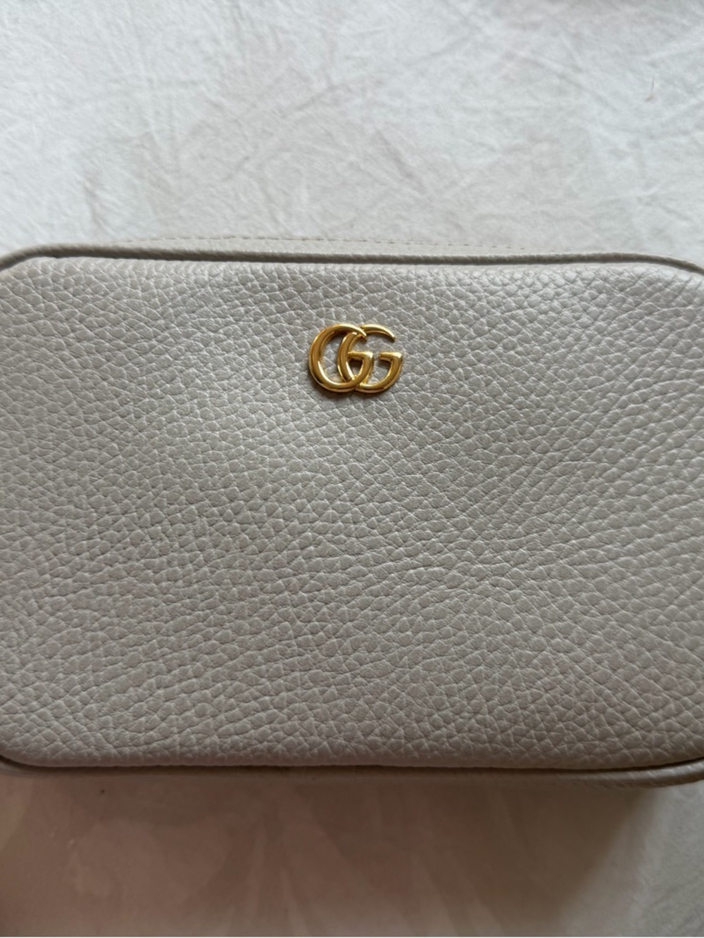 Gucci Pebbled Leather Crossbody in Light Cream with Gold Double G